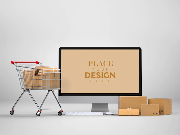Free PSD | Online delivery with computer mockup template with delivery package