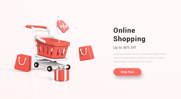 Free PSD | Online shopping banner with realistic 3d shopping cart shopping bag gift box and price tag