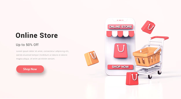 Free PSD | Online shopping store concept on mobile phone with 3d shopping cart shopping bag and gift boxes