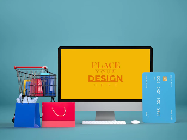 Free PSD | Online shopping with computer mockup template and shopping elements