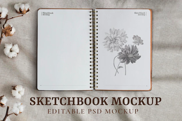 Free PSD | Opened sketchbook pages mockup psd on floral background