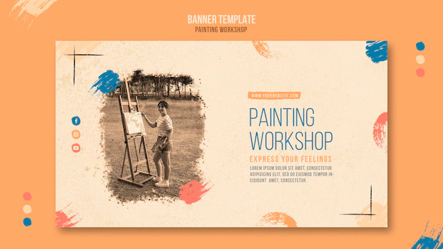 Free PSD | Painting workshop banner template with photo