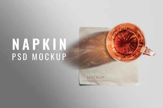 Free PSD | Paper napkin mockup psd with whiskey glass on top