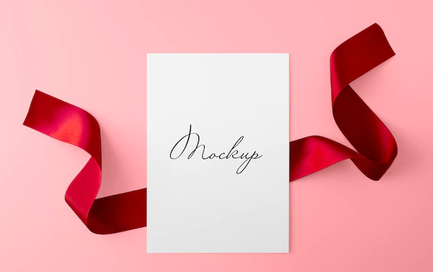 Free PSD | Paper sheet with red ribbon over pink surface mockup