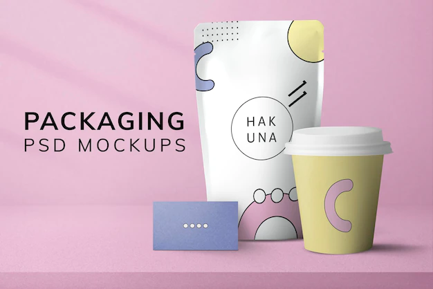 Free PSD | Pastel bag mockup psd with paper cup food and beverage packaging