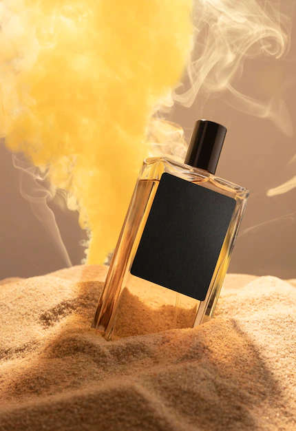 Free PSD | Perfume bottle in sand