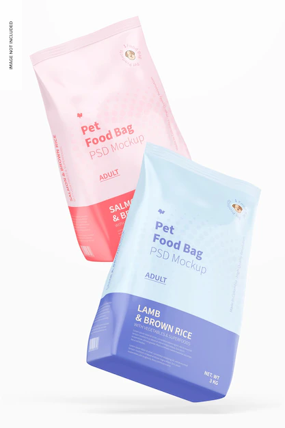 Free PSD | Pets food bags mockup, falling