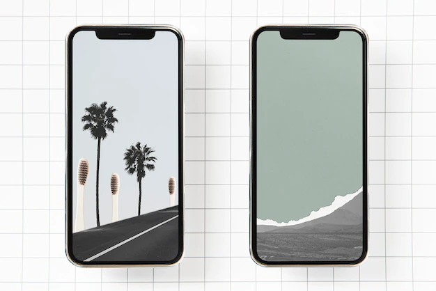 Free PSD | Phones mockup with minimal nature scene wallpaper