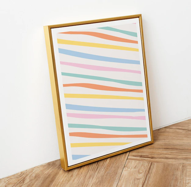 Free PSD | Picture frame mockup on wooden floor with pastel stripes