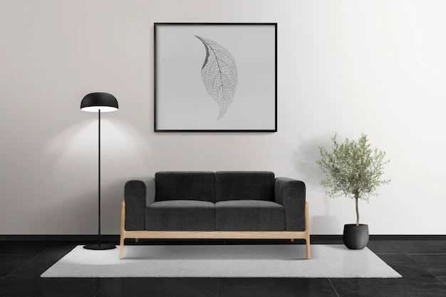 Free PSD | Picture frame mockup psd hanging in a modern living room