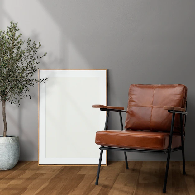 Free PSD | Picture frame mockup psd leaning in modern living room home decor interior