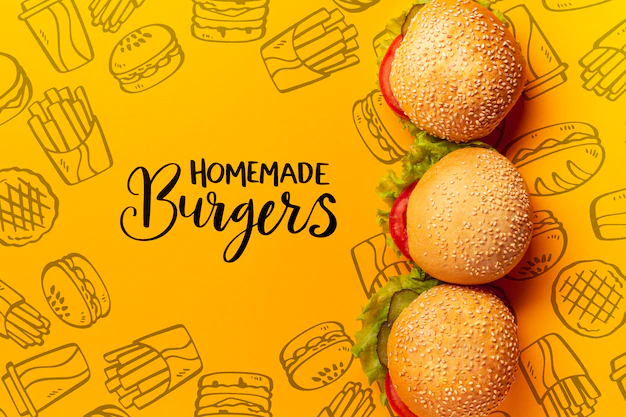 Free PSD | Pile of burgers on fast food doodle background