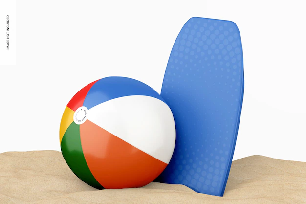 Free PSD | Plastic beach ball with bodyboard mockup