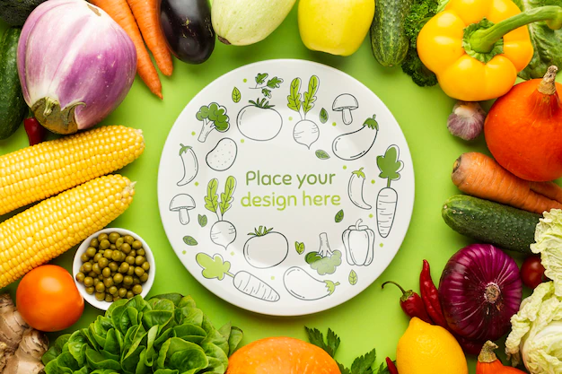Free PSD | Plate with doodles mock-up with frame made from delicious fresh veggies