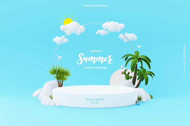 Free PSD | Podium stage mockup for product display decorated with tropical palm trees rocks and clouds