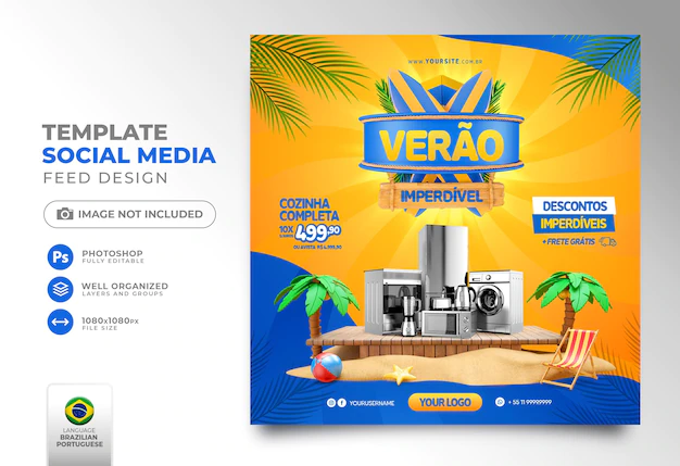 Free PSD | Post social media summer of offers in brazil 3d render template for marketing campaign in portuguese