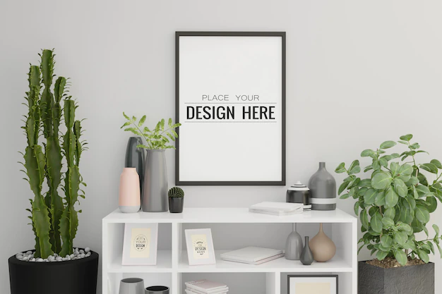 Free PSD | Poster frame mockup in living room interior