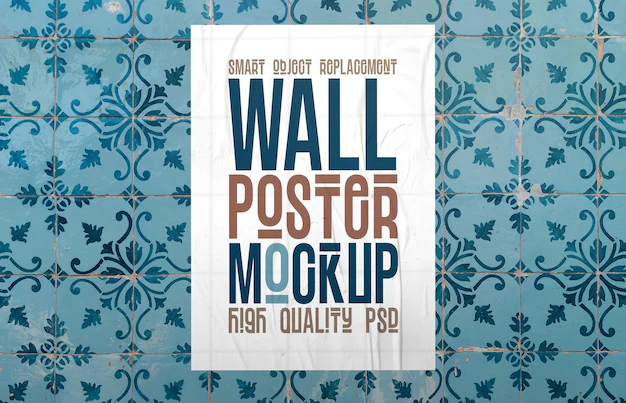 Free PSD | Poster glued on blue portuguese tile background mockup