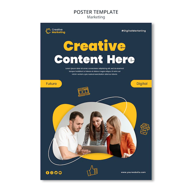 Free PSD | Poster template design with people working on laptop