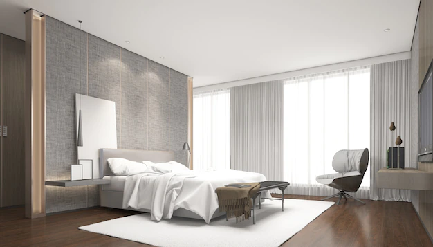 Free PSD | Realistic bright modern double bedroom with furniture