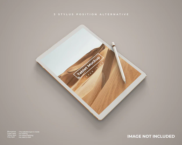 Free PSD | Realistic tablet mockup with stylus in vertical position looks left perspective view