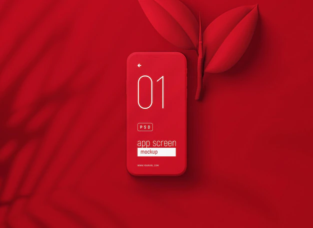 Free PSD | Red smartphone mockup with red leaves