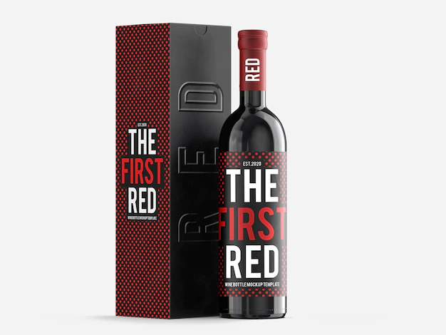 Free PSD | Red wine mockup template with gift box