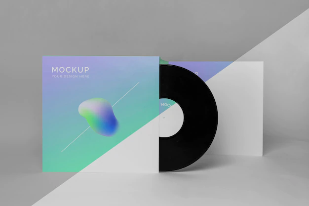 Free PSD | Retro vinyl disk with abstract packaging mock-up