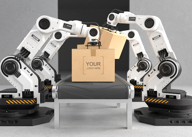 Free PSD | Robot arm is working in the factory
