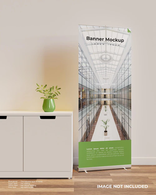 Free PSD | Roll up banner mockup in interior scene next to the cupboard