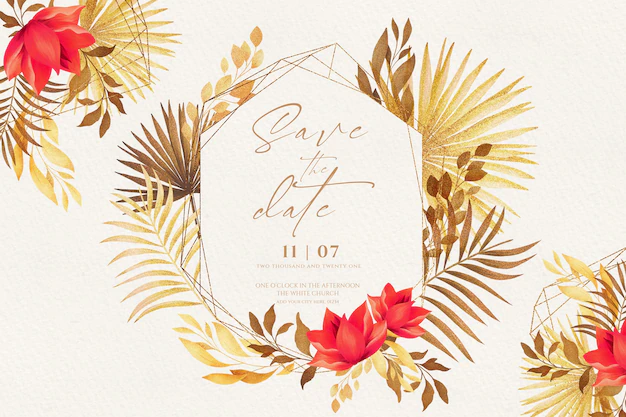 Free PSD | Romantic save the date invitation with golden and red nature