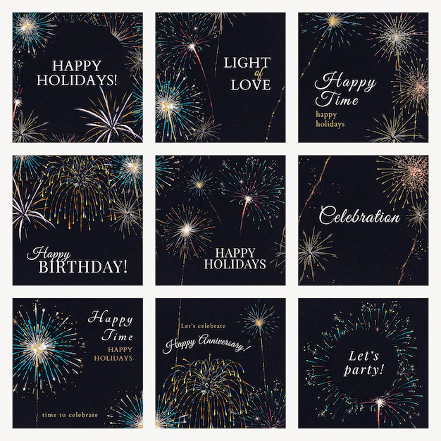 Free PSD | Shiny fireworks template psd for social media post with editable text collection