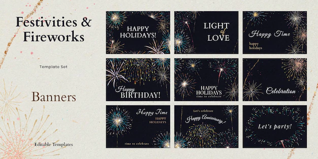 Free PSD | Shiny fireworks template psd with editable text ad collection