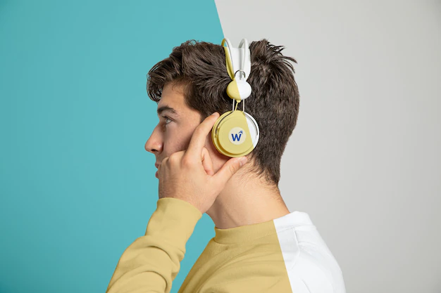 Free PSD | Side view of man listening to music on headphones