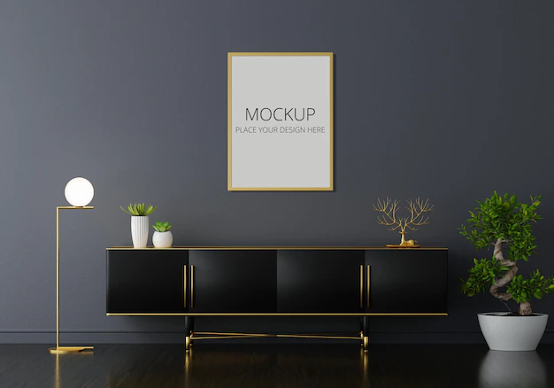 Free PSD | Sideboard in black living room with frame mockup