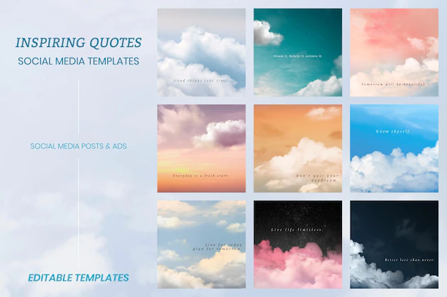 Free PSD | Sky and clouds psd editable social media template with motivation/inspiring quote set