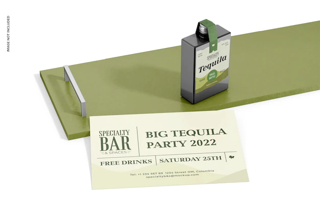 Free PSD | Small tequila bottle with stationery mockup on tray