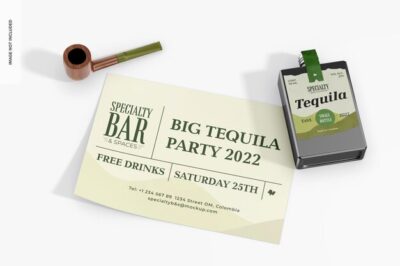 Free PSD | Small tequila bottle with stationery mockup top view