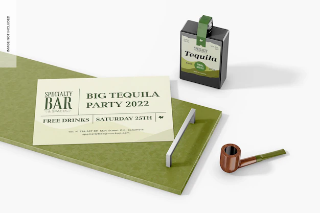Free PSD | Small tequila bottle with stationery mockup with pipe