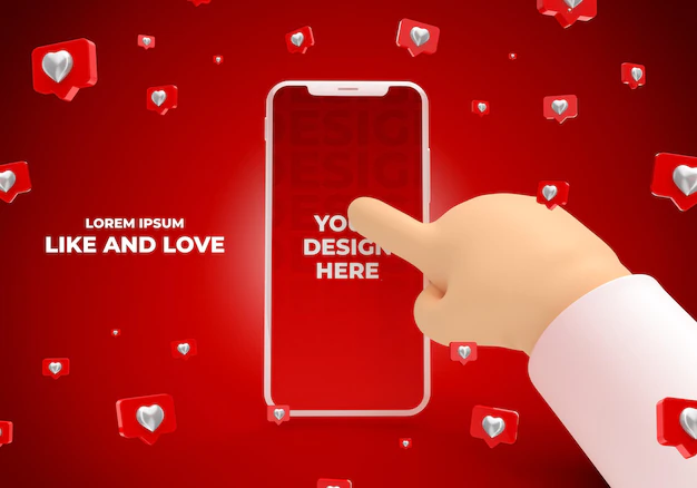 Free PSD | Smartphone mockup with cartoon hand with instagram like 3d render