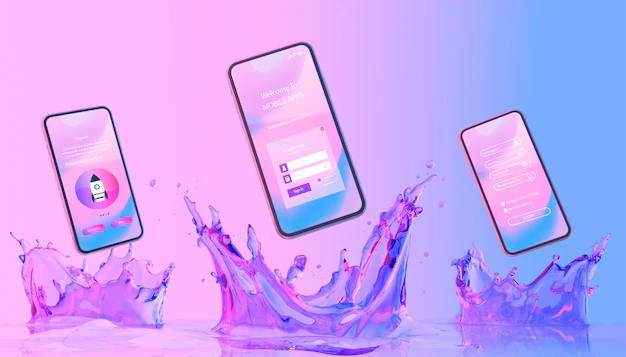 Free PSD | Smartphone with login page and colorful liquid background