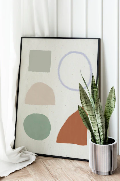Free PSD | Snake plant in a gray plant pot by a picture frame mockup