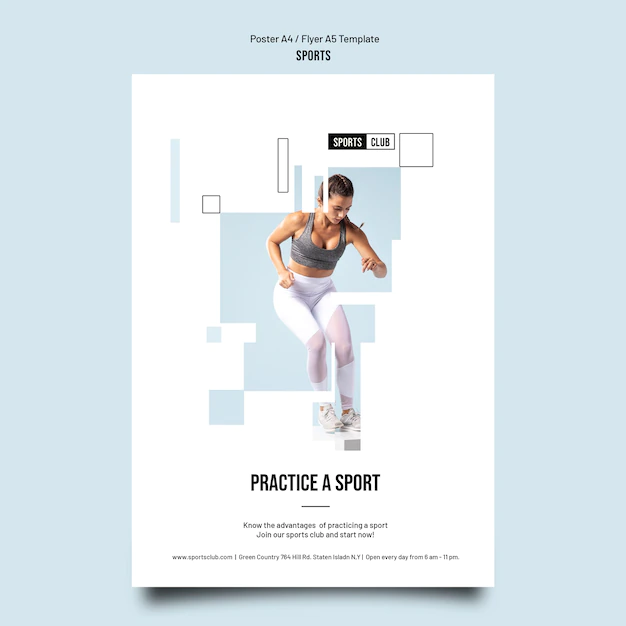 Free PSD | Sports training vertical poster template with geometric cut-out shapes