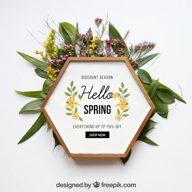 Free PSD | Spring mockup with hexagonal frame