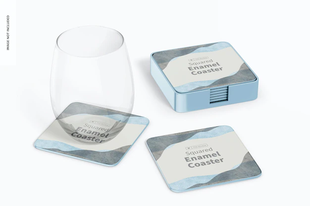 Free PSD | Squared enamel coasters with glass mockup