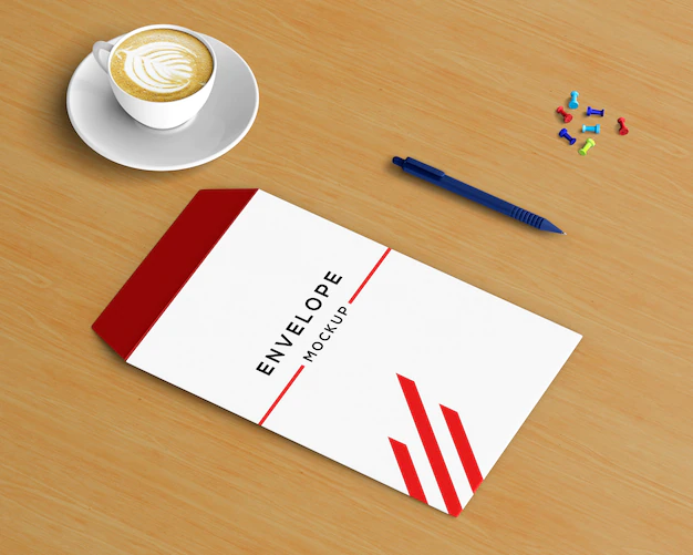 Free PSD | Stationery concept with envelope mockup and coffee