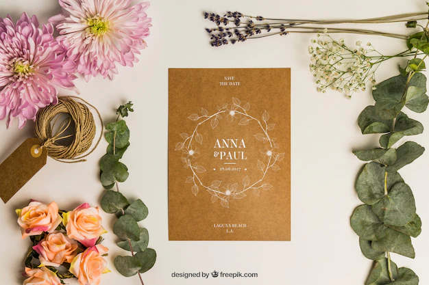 Free PSD | Stationery wedding mockup with cardboard