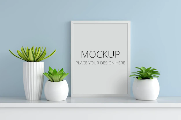 Free PSD | Succulent pot plant with frame mockup