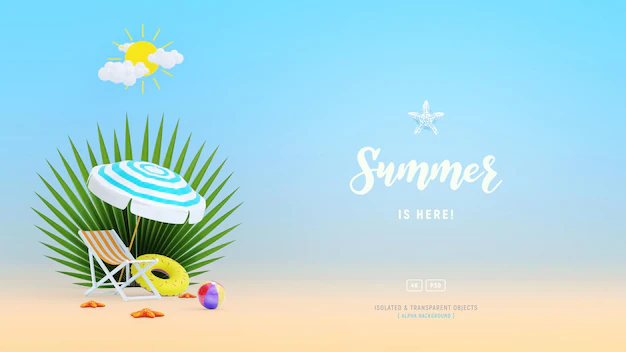 Free PSD | Summer background template composition with beach umbrella palm leaves and beach objects