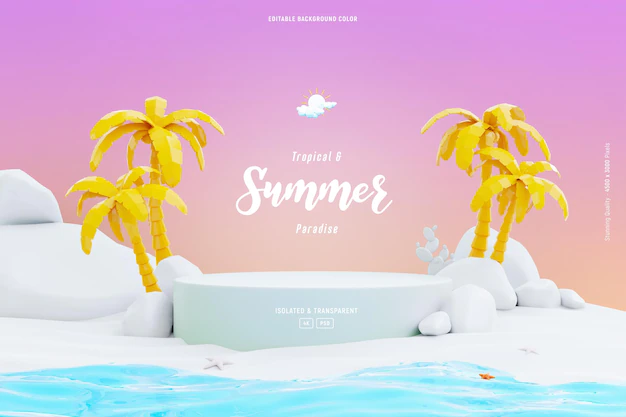 Free PSD | Summer background template composition with podium stage palm trees and beach objects